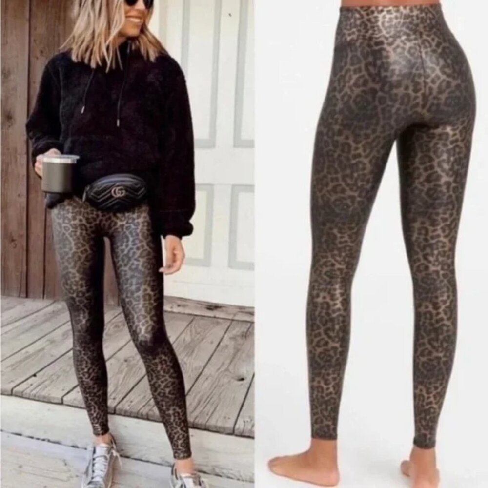Spanx Leopard Shine Faux Leather Leggings NEW Size Medium